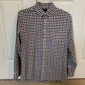 Brown, navy, and white Stafford Traveler button down.